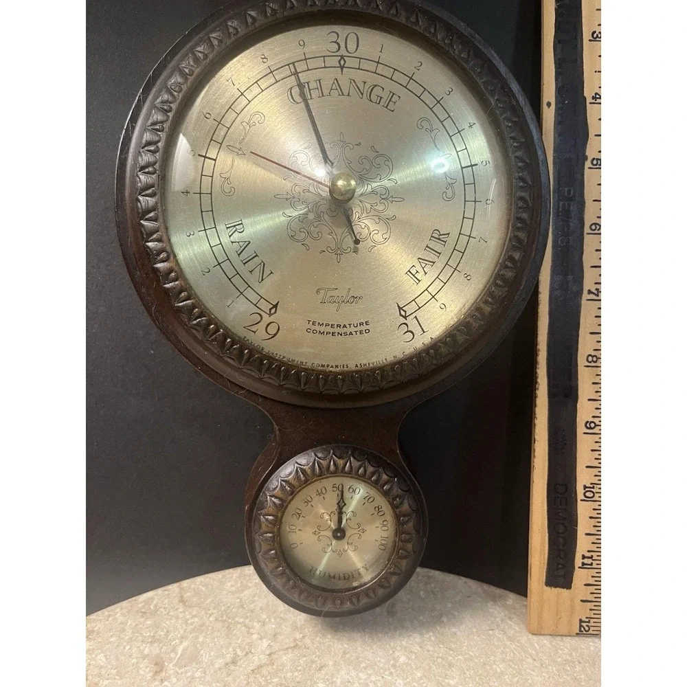 Wooden Barometer Taylor Instrument Companies Vintage Banjo  Weather Station